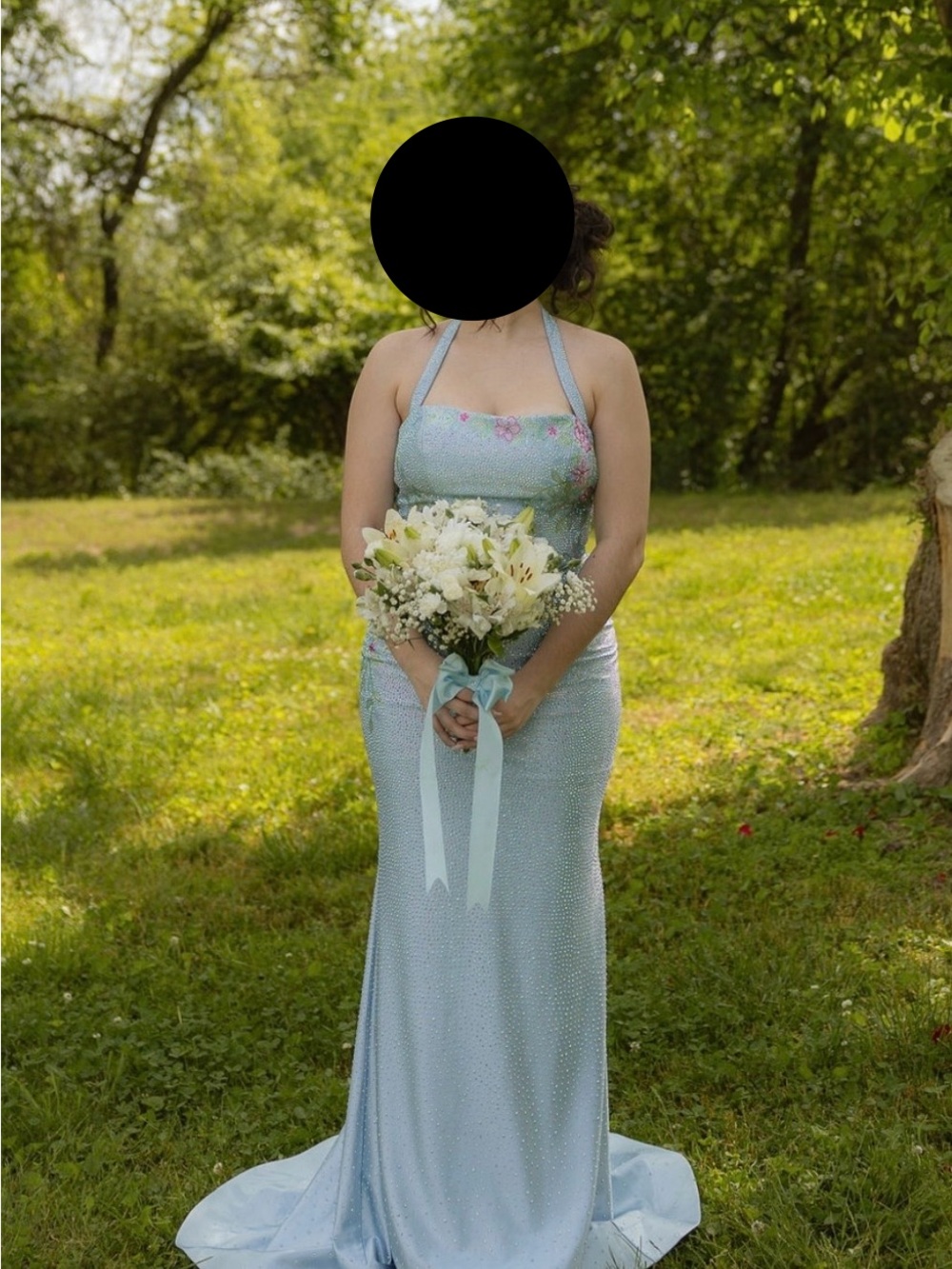 Sherri Hill Light Blue Beaded Halter Prom Gown with Pink Floral Accents